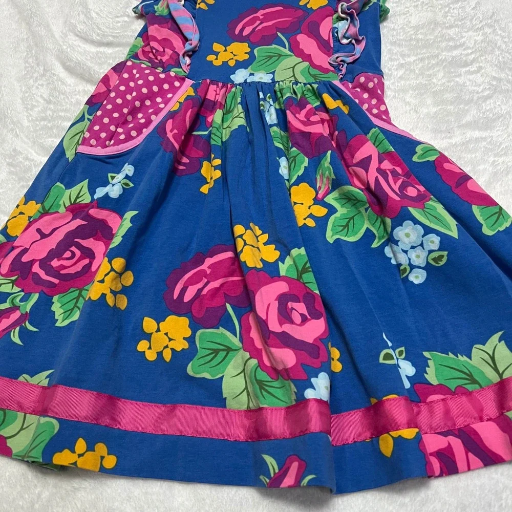 Matilda Jane Girls Blue Floral Ruffle Pocket Dress Size 10 Pink Rose Polka Dot